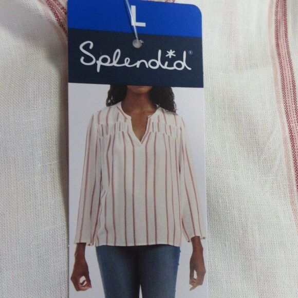 SPLENDID Linen Blend Blouse Womens L Yoked Red White Strip V Neck Top Shirt NWT - Picture 6 of 12
